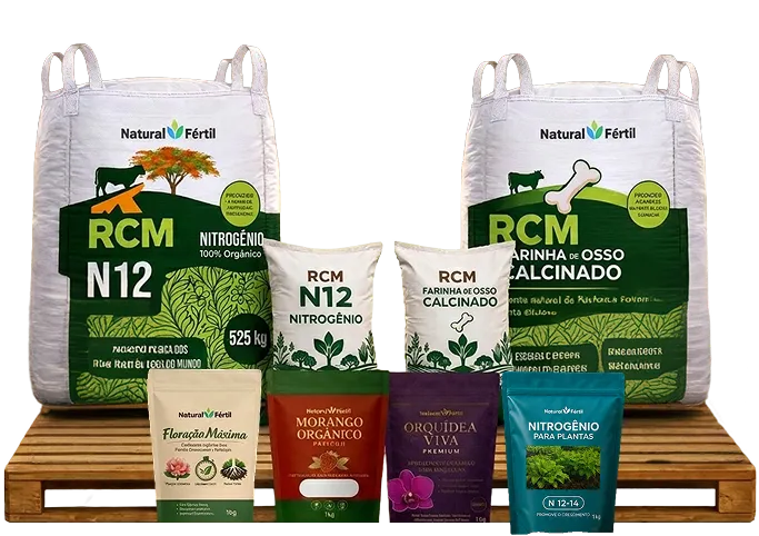Composição de produtos Natural Fértil sobre um pallet